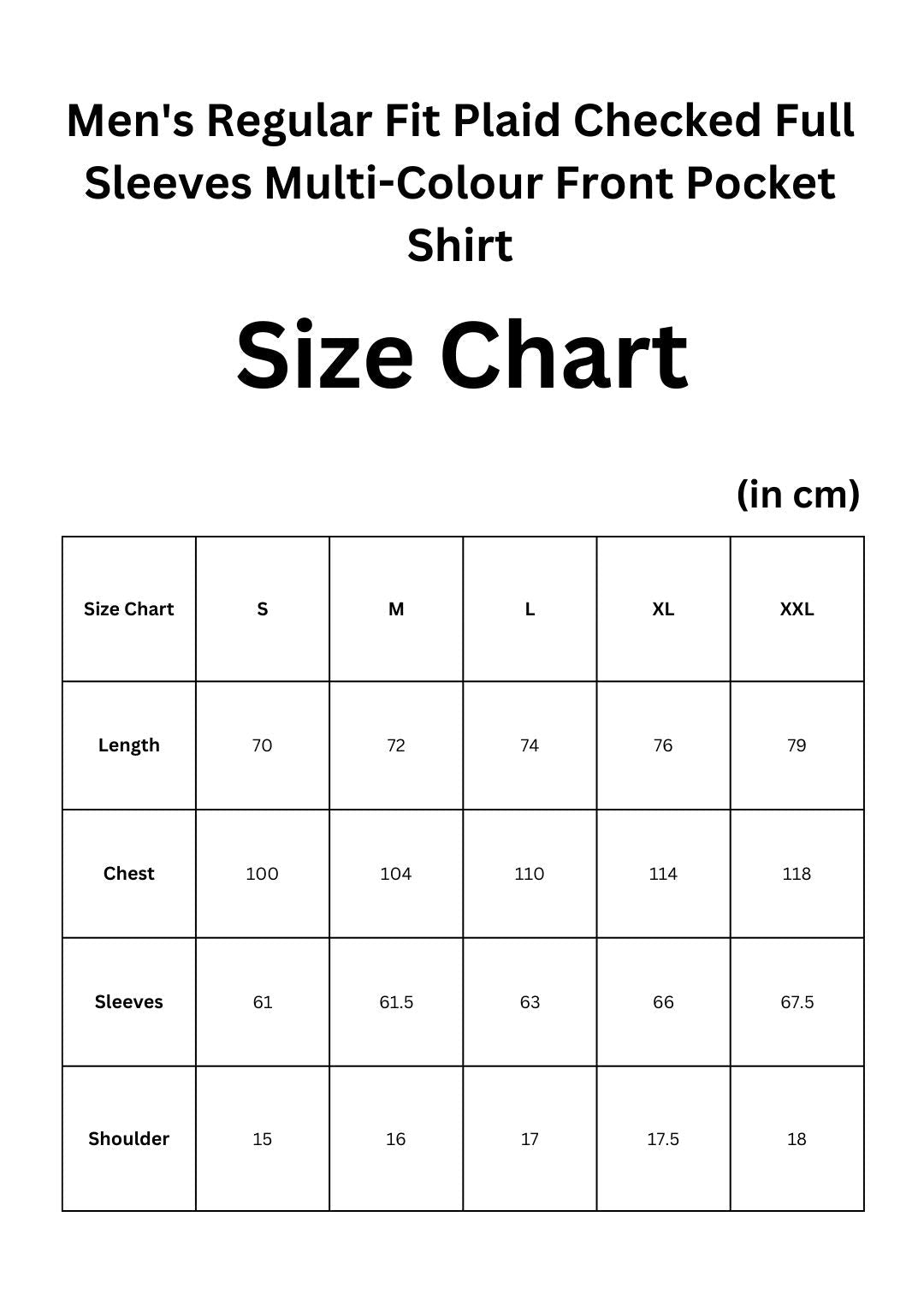 Size chart for men's plaid shirt with measurements in centimeters