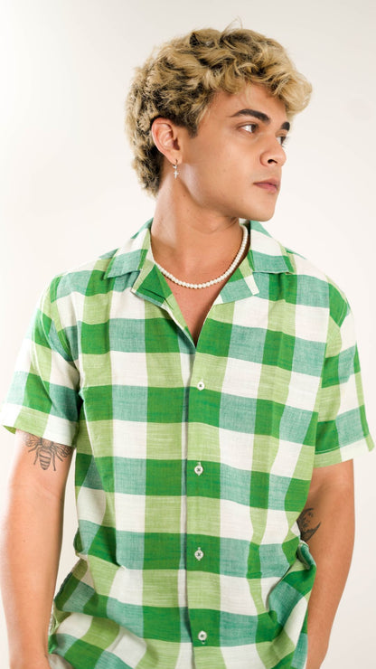 Men's Relaxed Fit Flannel Checked Short Sleeves Green & White Shirt