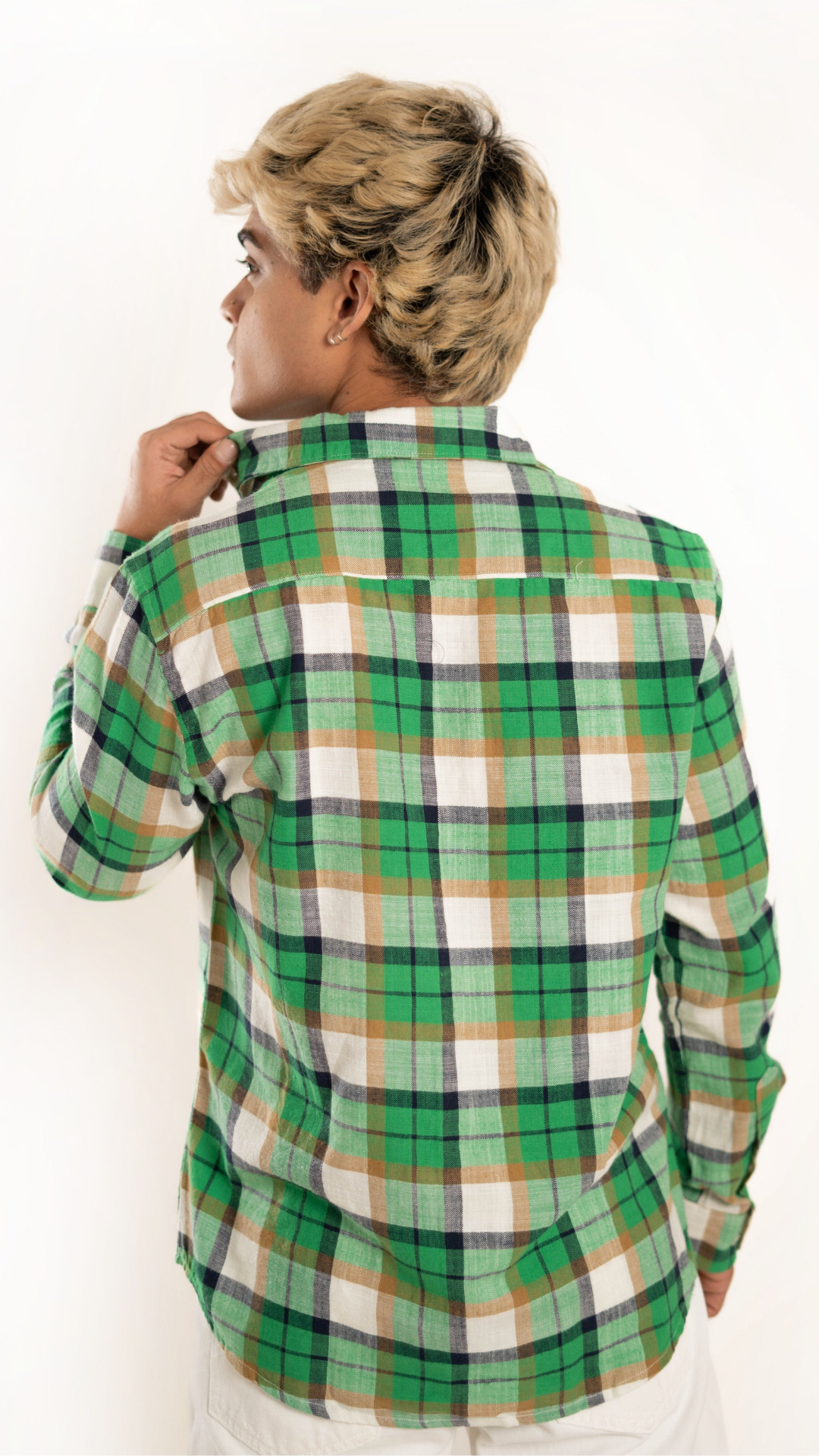 Men's Regular Fit Plaid Checked Full Sleeves Green Front Pocket Shirt