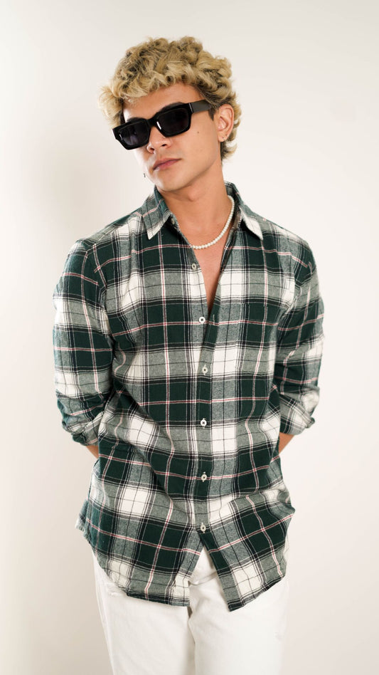 Men's Regular Fit Plaid Checked Full Sleeves Dark Green And White Front Pocket Shirt