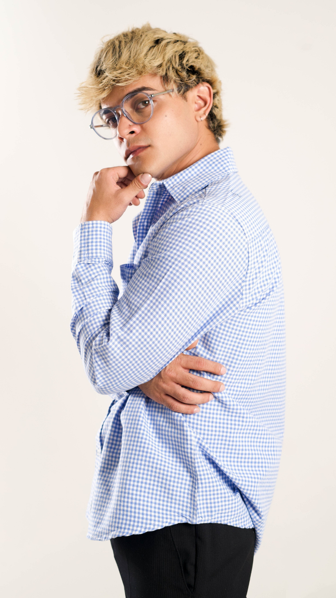 Men's Regular Fit Gingham Checked Full Sleeves Light Blue Front Pocket Shirt