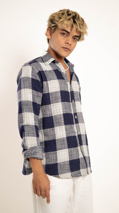 Men's Regular Fit Flannel Checked Full Sleeves Blue & White Front Pocket Shirt