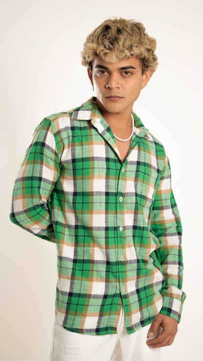 Men's Regular Fit Plaid Checked Full Sleeves Green Front Pocket Shirt