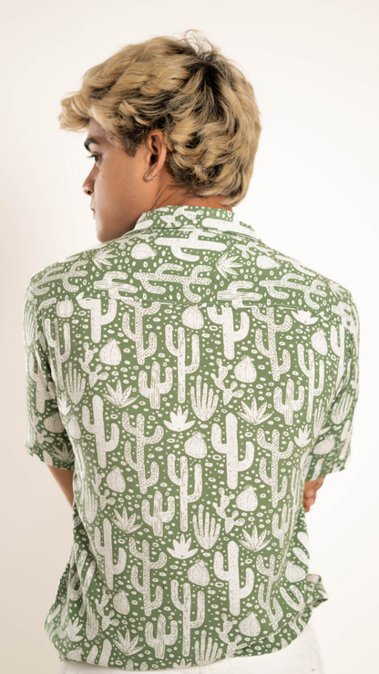 Men's Relaxed Fit Short Sleeves Pokey Cactus Printed Green Shirt