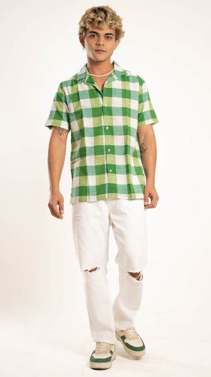 Men's Relaxed Fit Flannel Checked Short Sleeves Green & White Shirt