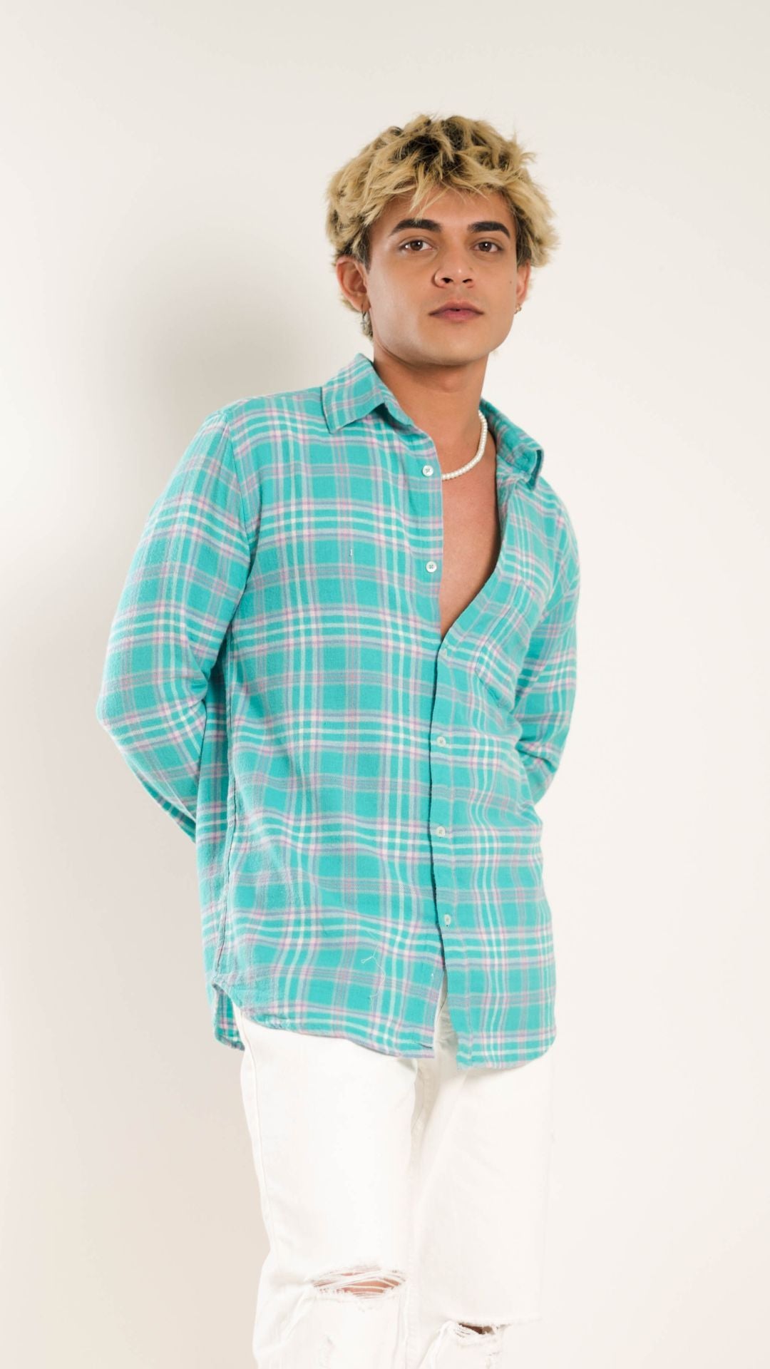 Men's Regular Fit Plaid Checked Full Sleeves Light Blue Front Pocket Shirt
