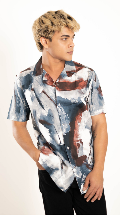 Men's Relaxed Fit Short Sleeves Marble Printed Shirt