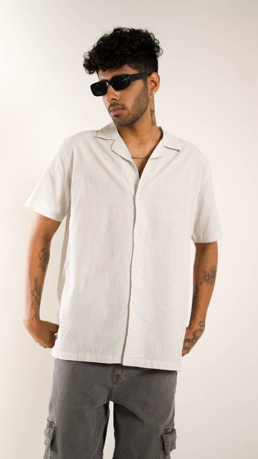 Men's Relaxed Fit Short Sleeves Off White Shirt with Fine Strips