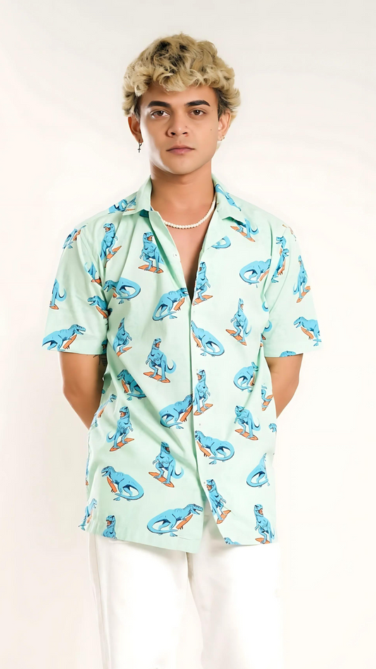 Men's Relaxed Fit Short Sleeves Dinosaur Surfing Printed Light Green Shirt