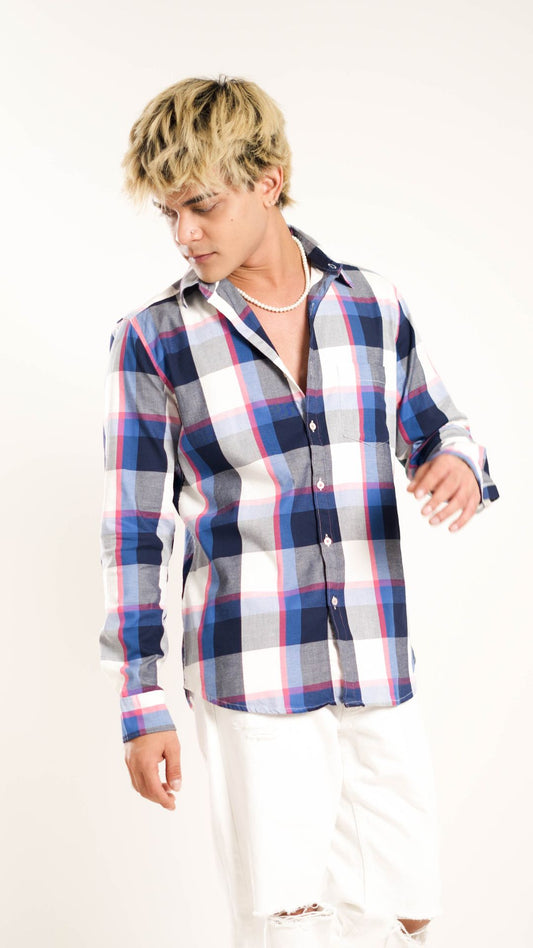 Men's Regular Fit Plaid Checked Full Sleeves Multi-Colour Front Pocket Shirt