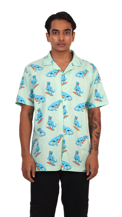 Dinosaur Surfing Printed Light Green Shirt