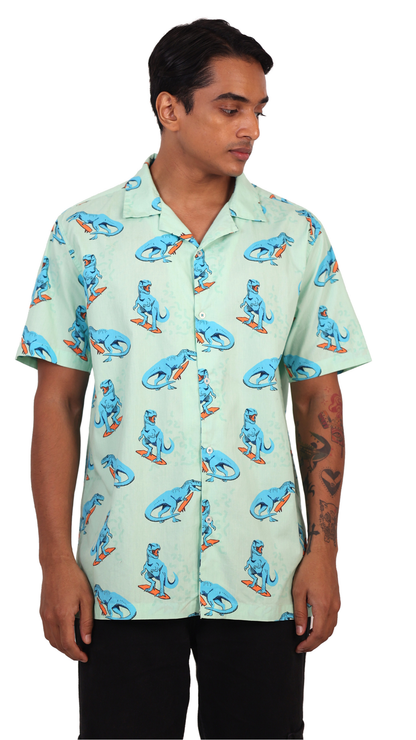 Dinosaur Surfing Printed Light Green Shirt