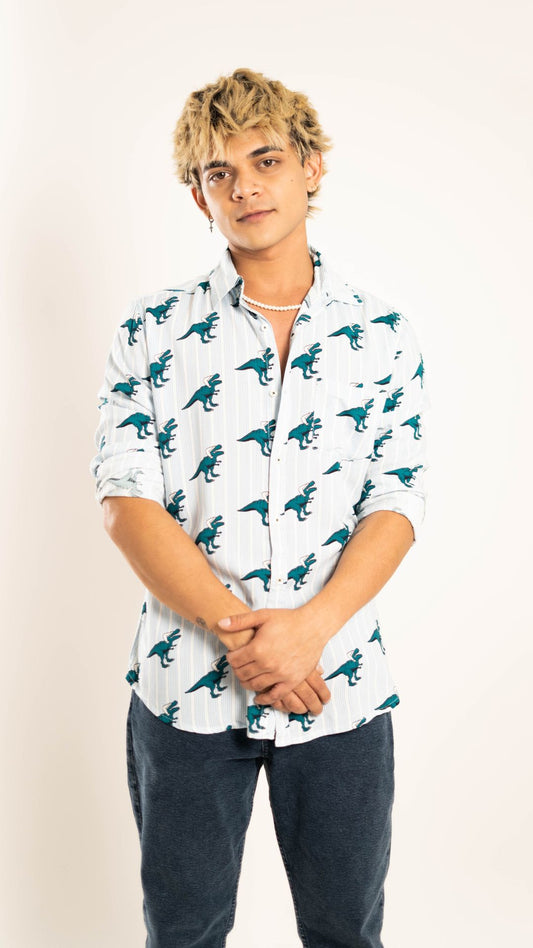 Men's Relaxed Fit Full Sleeves  Dinosaur Printed Front Pocket Shirt