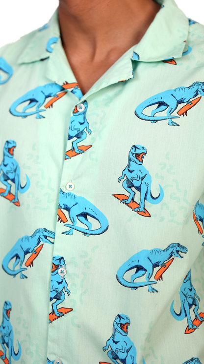 Dinosaur Surfing Printed Light Green Shirt