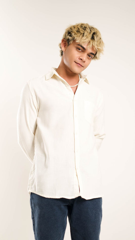 Men's Regular Fit Full Sleeves Cream Front Pocket Shirt