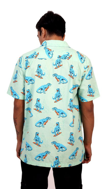 Dinosaur Surfing Printed Light Green Shirt