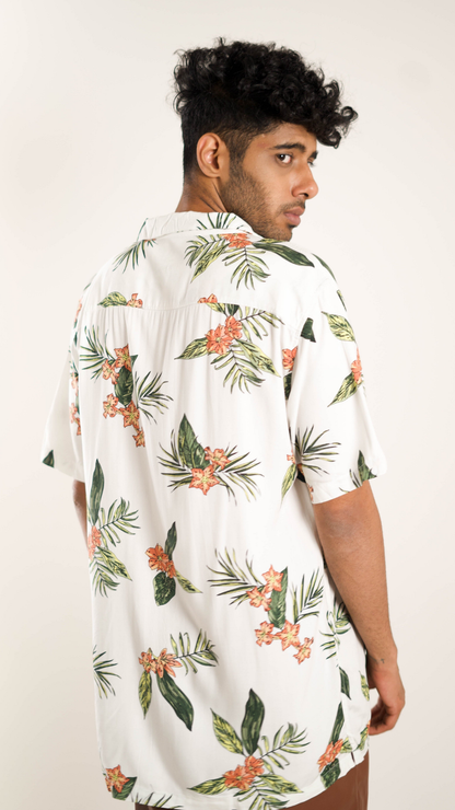 Men's Relaxed Fit Short Sleeves Floral Printed White Shirt