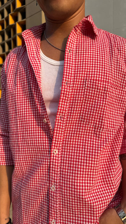 Men's Regular FIt Gingham Checked Full Sleeves Red Front Pocket Shirt