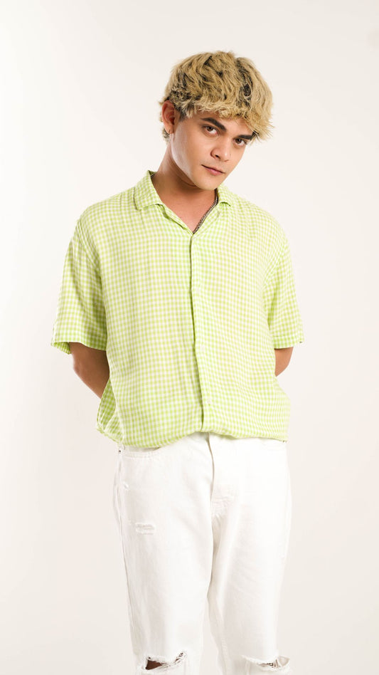 Men's Relaxed Fit Shepherd Checked Short Sleeves Lemon Green Shirt