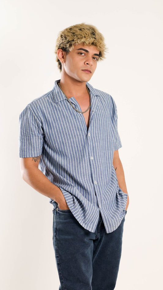 Men's Regular Fit Short Sleeves Light Blue Shirt With White Strips