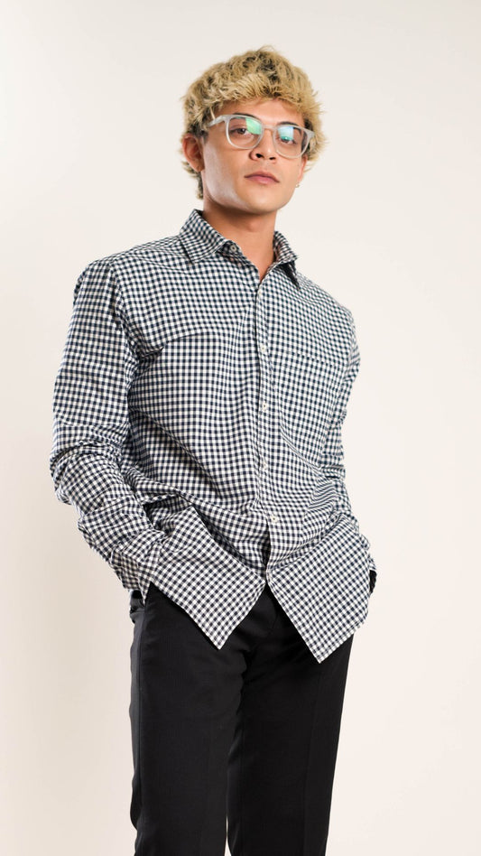 Men's Regular Fit Shepherd Checked Full Sleeves Dark Blue & White Front Pocket Shirt