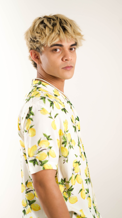 Men's Relaxed Fit Short Sleeves Squizzy Lemon Printed White Shirt