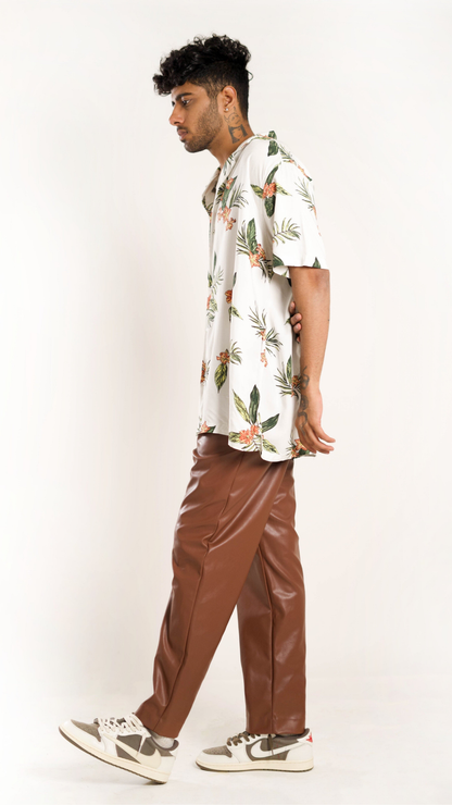 Men's Relaxed Fit Short Sleeves Floral Printed White Shirt