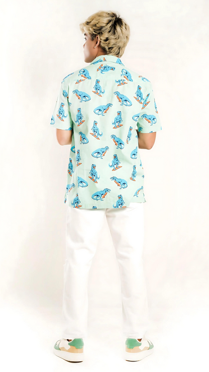 Men's Relaxed Fit Short Sleeves Dinosaur Surfing Printed Light Green Shirt