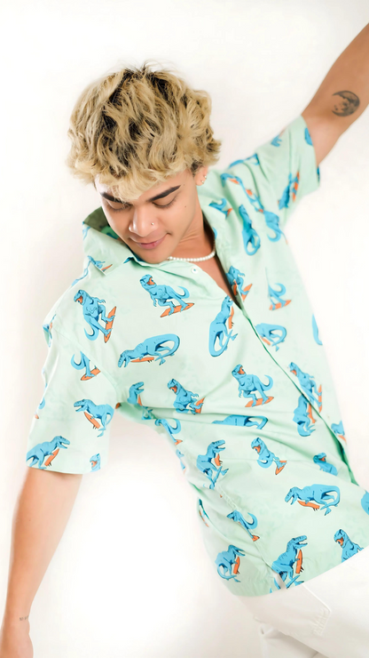 Men's Relaxed Fit Short Sleeves Dinosaur Surfing Printed Light Green Shirt