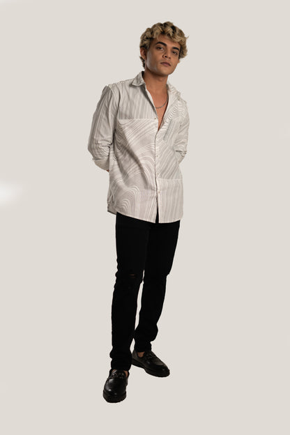 Men's Regular Fit Abstract Printed Full Sleeves White Front Pocket Shirt
