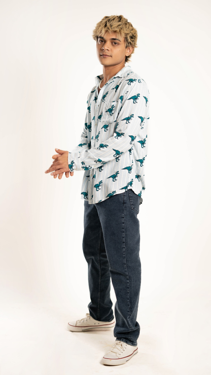 Men's Relaxed Fit Full Sleeves  Dinosaur Printed Front Pocket Shirt