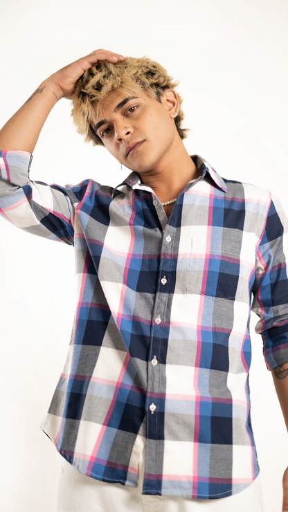 Men's Regular Fit Plaid Checked Full Sleeves Multi-Colour Front Pocket Shirt