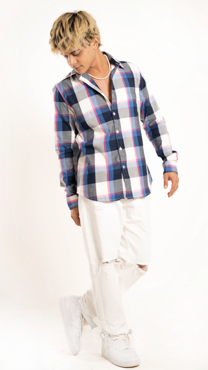 Men's Regular Fit Plaid Checked Full Sleeves Multi-Colour Front Pocket Shirt