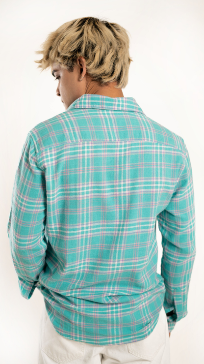 Men's Regular Fit Plaid Checked Full Sleeves Light Blue Front Pocket Shirt