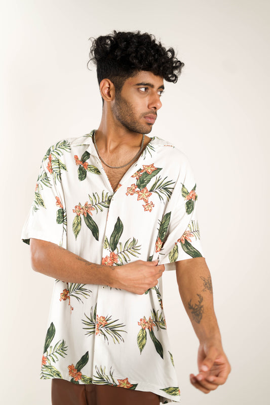Men's Relaxed Fit Short Sleeves Floral Printed White Shirt