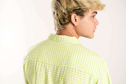 Men's Relaxed Fit Shepherd Checked Short Sleeves Lemon Green Shirt