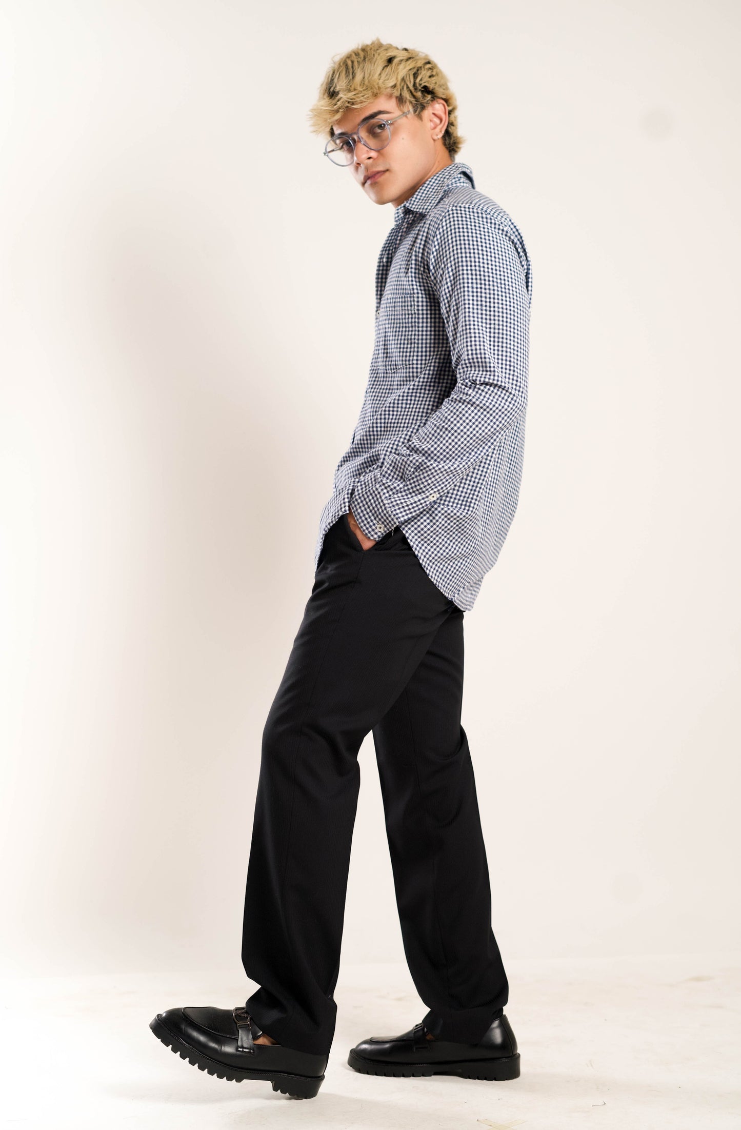 Men's Regular Fit Shepherd Checked Full Sleeves Dark Blue & White Front Pocket Shirt