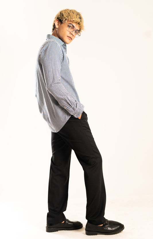 Men's Regular Fit Shepherd Checked Full Sleeves Blue & White Front Pocket Shirt