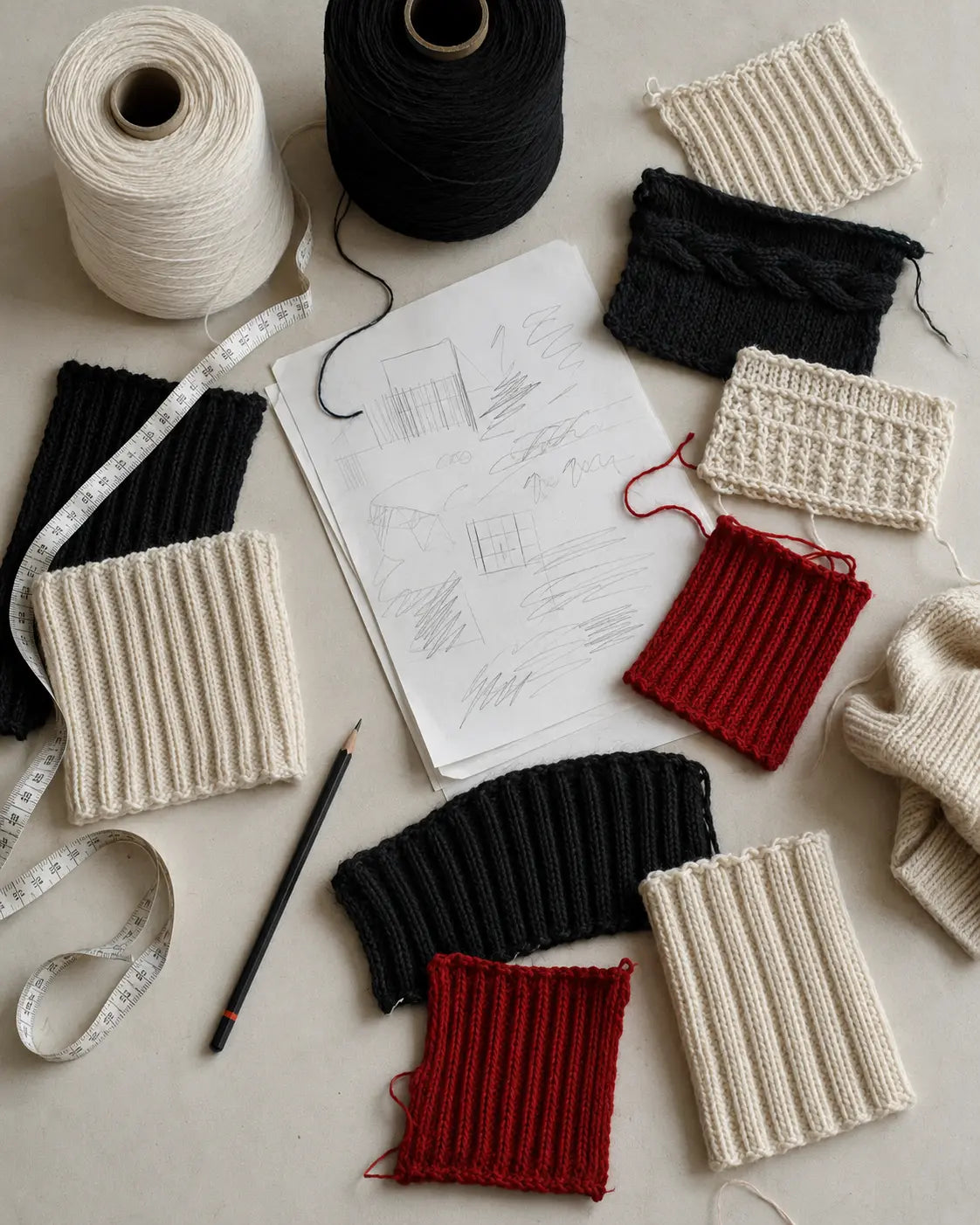 Knit swatches, yarn and development tools