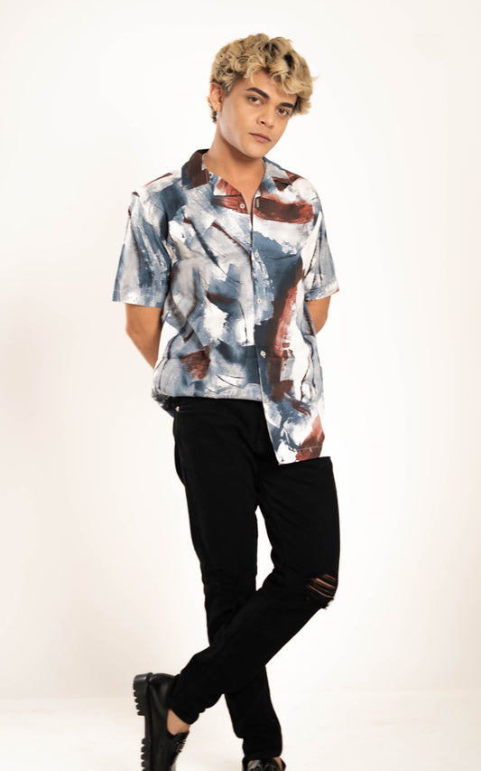 Men's Relaxed Fit Short Sleeves Marble Printed Shirt