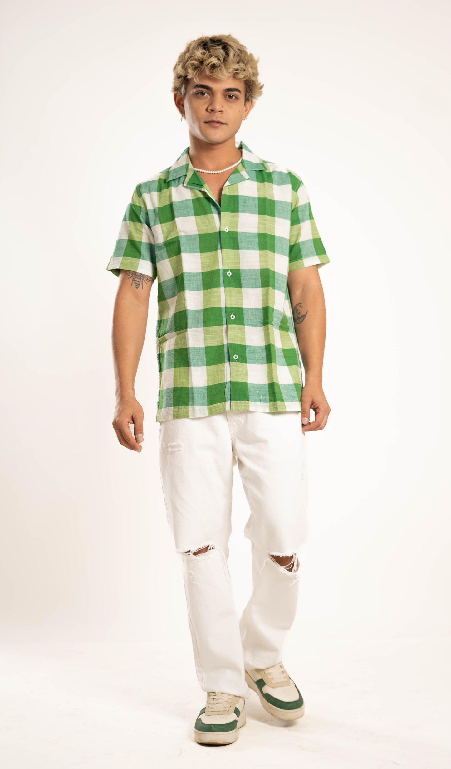 Men's Relaxed Fit Flannel Checked Short Sleeves Green & White Shirt