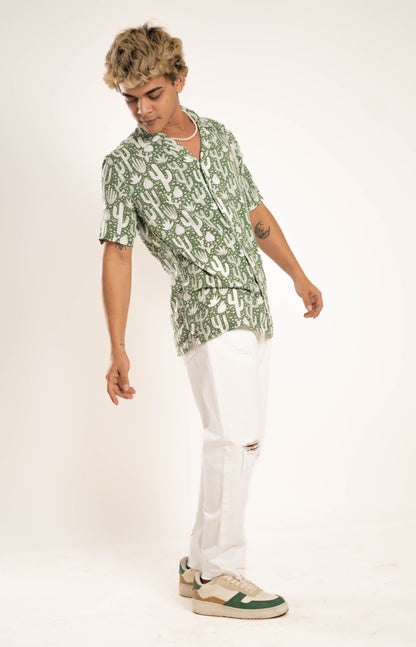 Men's Relaxed Fit Short Sleeves Pokey Cactus Printed Green Shirt