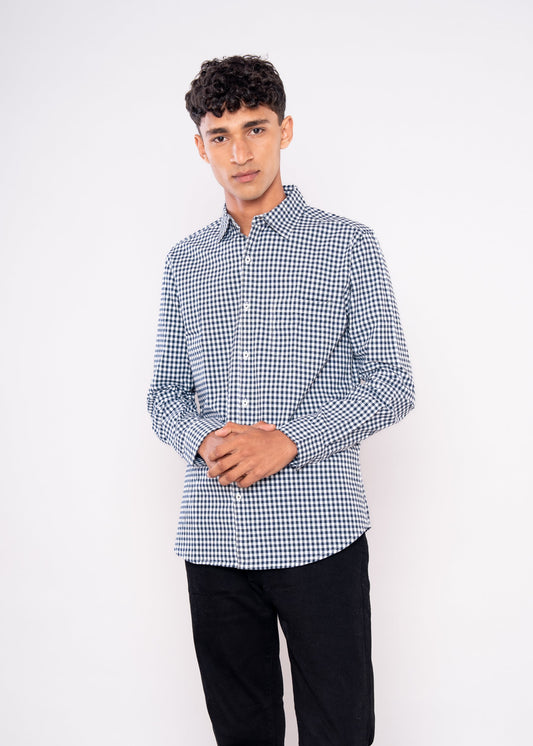 Navy Blue White Medium Checked Shirt