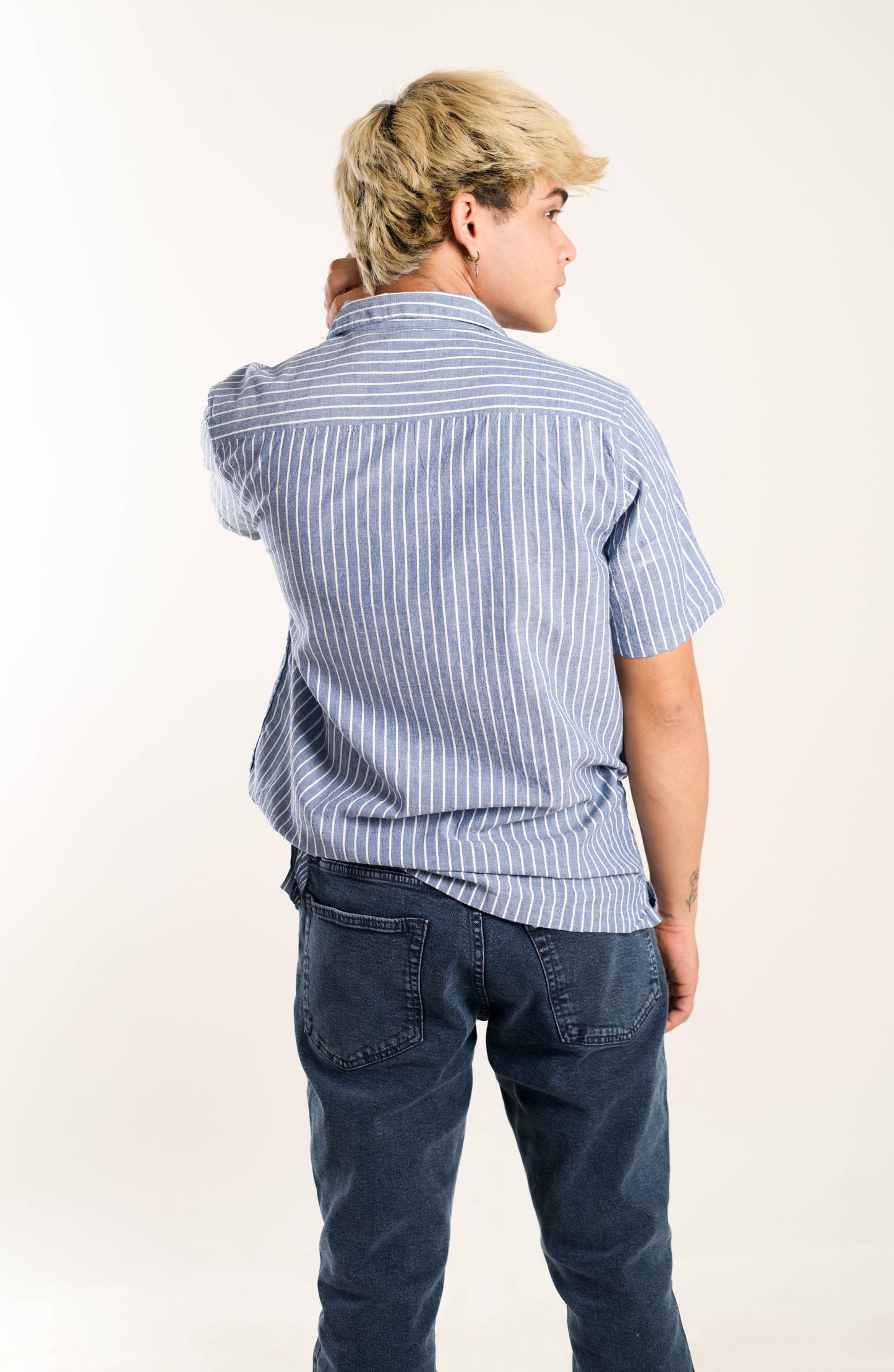 Men's Regular Fit Short Sleeves Light Blue Shirt With White Strips