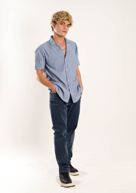 Men's Regular Fit Short Sleeves Light Blue Shirt With White Strips