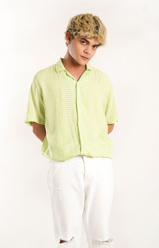 Men's Relaxed Fit Shepherd Checked Short Sleeves Lemon Green Shirt