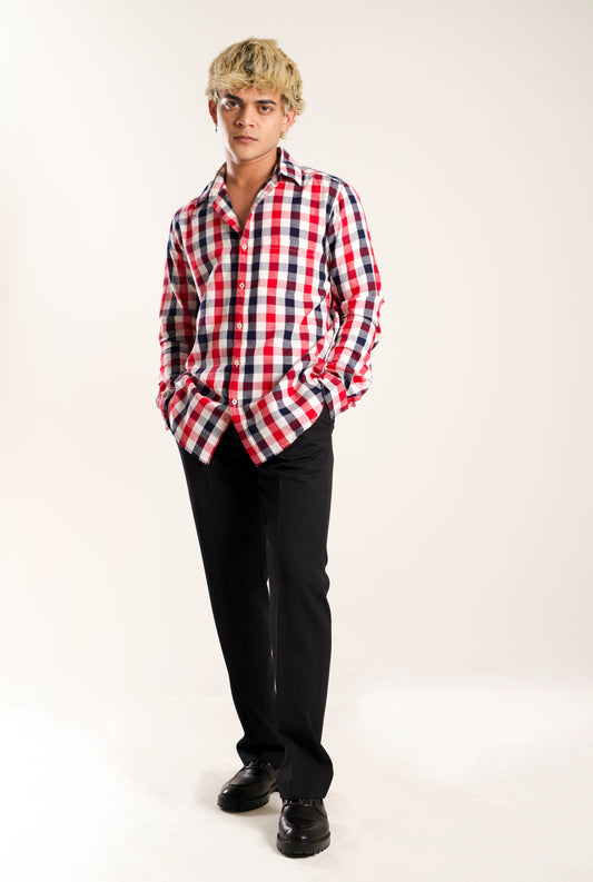 Men's Regular Fit Flannel Checked Full Sleeves Blue & Red Front Pocket Shirt
