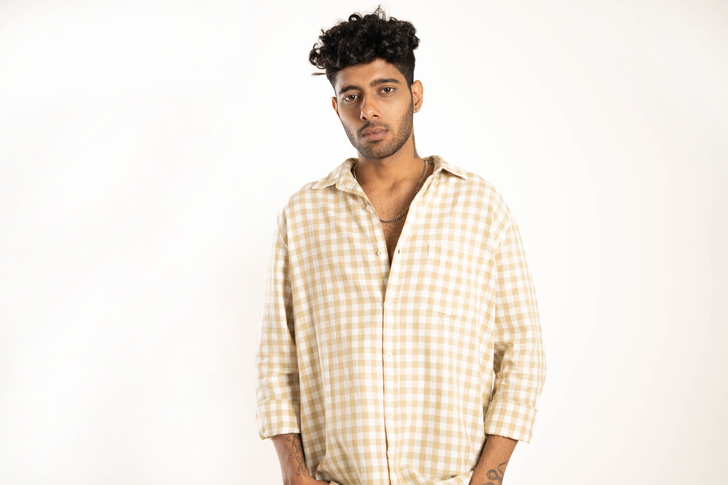 Men's Regular Fit Flannel Checked Full Sleeves Beige & Cream Front Pocket Shirt