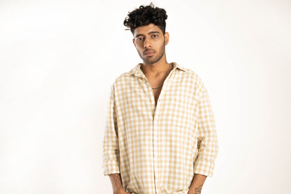 Men's Regular Fit Flannel Checked Full Sleeves Beige & Cream Front Pocket Shirt