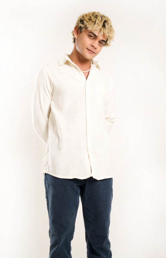 Men's Regular Fit Full Sleeves Cream Front Pocket Shirt
